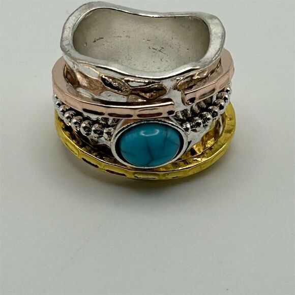 Boho Faux Turquoise Wide Spinner Ring Silver and Gold Tone Textured Size 7 - Picture 5 of 7